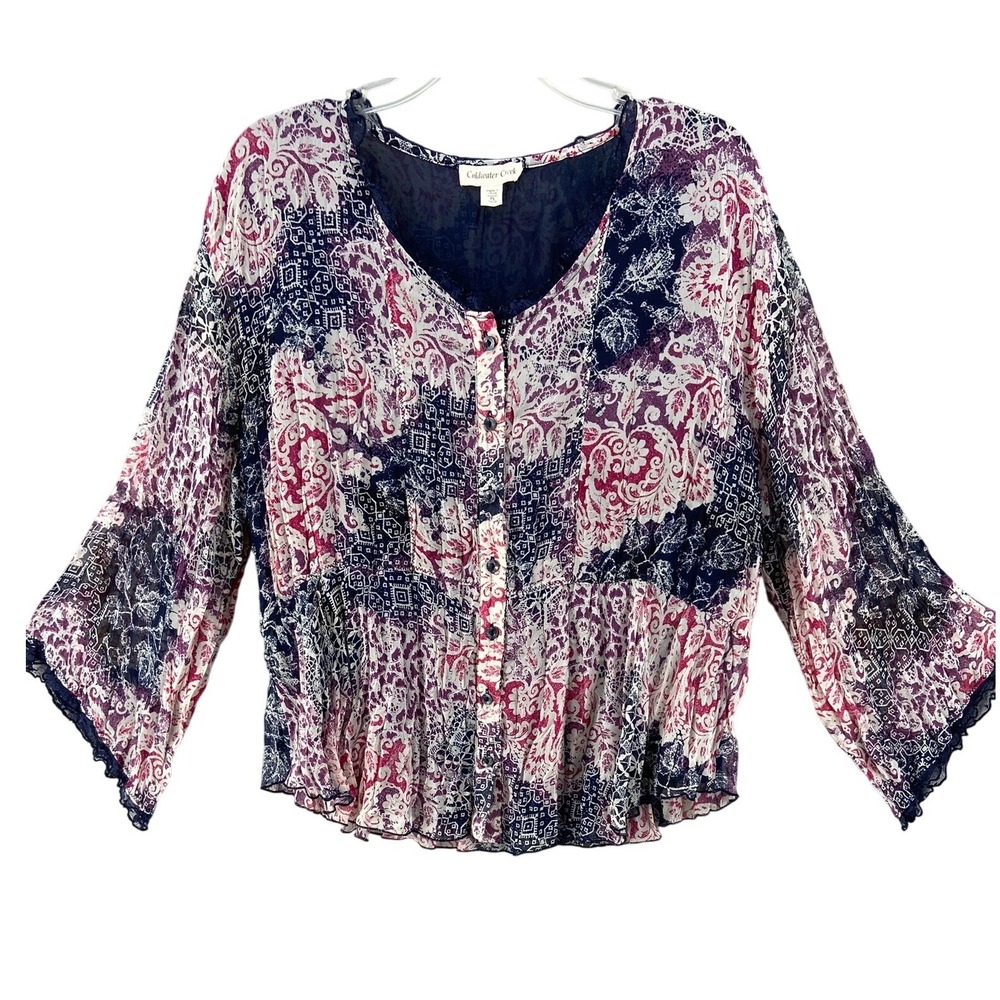 Coldwater Creek Shirt Sz PL Petite Bohemian Patchwork Crinkle Blouse Bell Sleeve